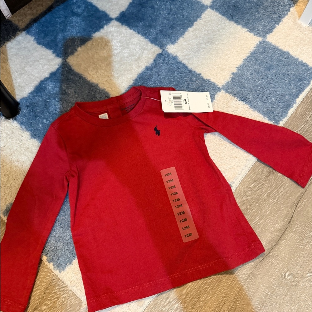 Baby Ralph Lauren Red Long-Sleeve Polo Cotton Tee - Kids 12 m